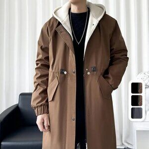 Men's Casual Hooded Midi-Length Trench Coat